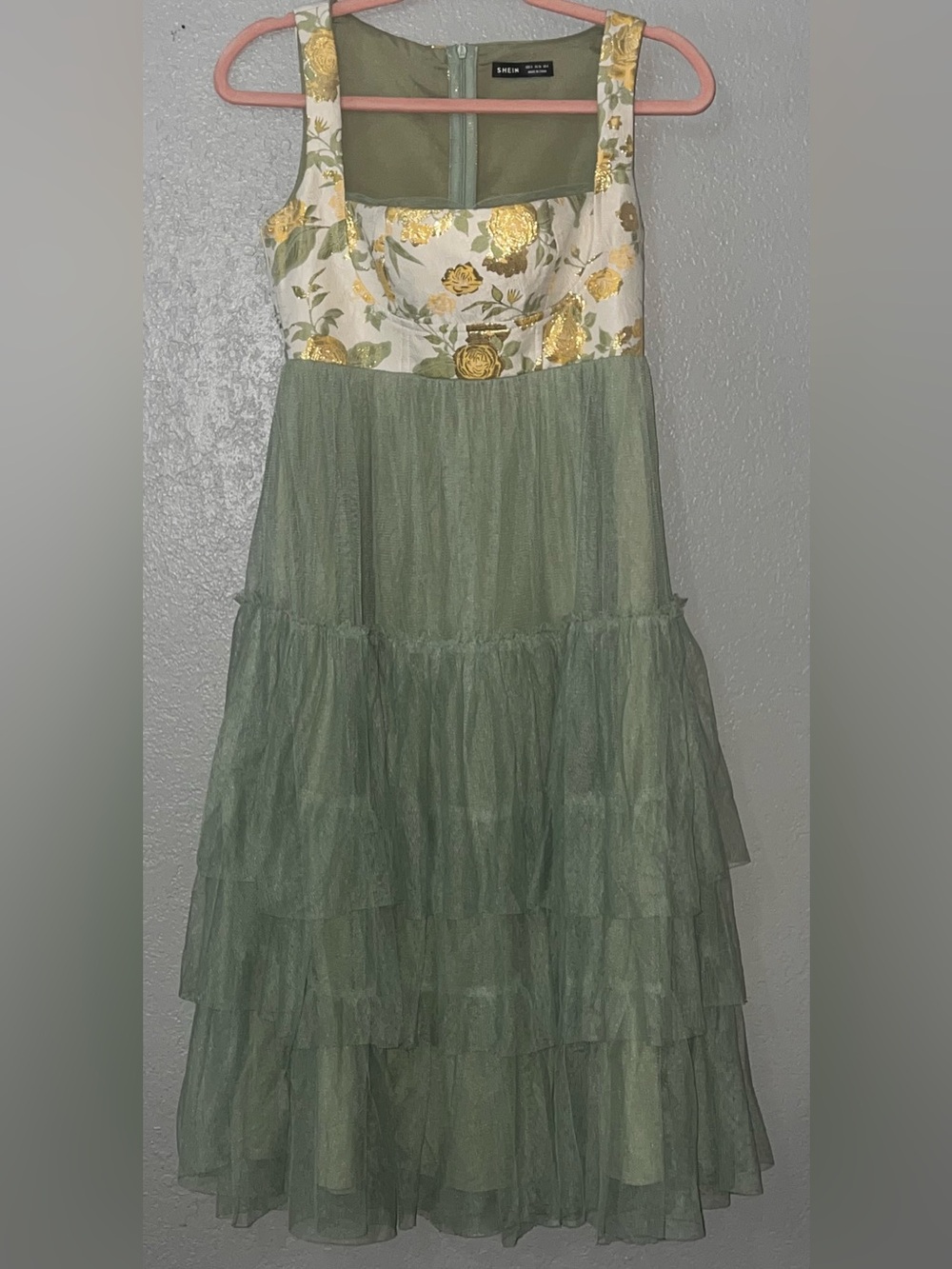 Sage Green Tiered Tulle Floral Jaquard Midi Dress Size M